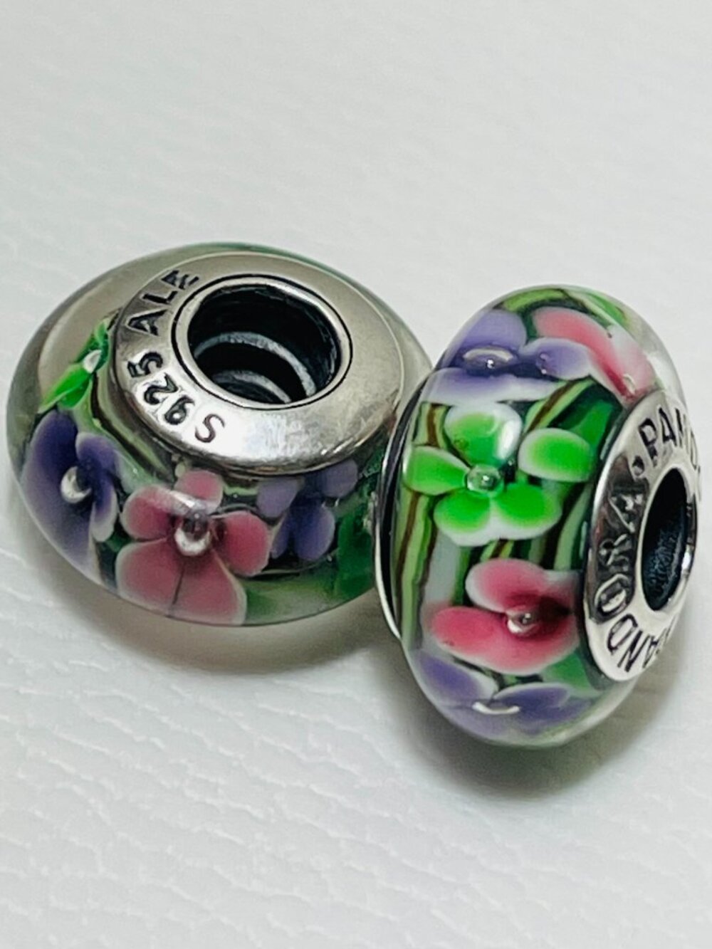 Set of 2 Pandora Murano Glass Charms Mixed Colorful Field of Daisy Autumn Garden